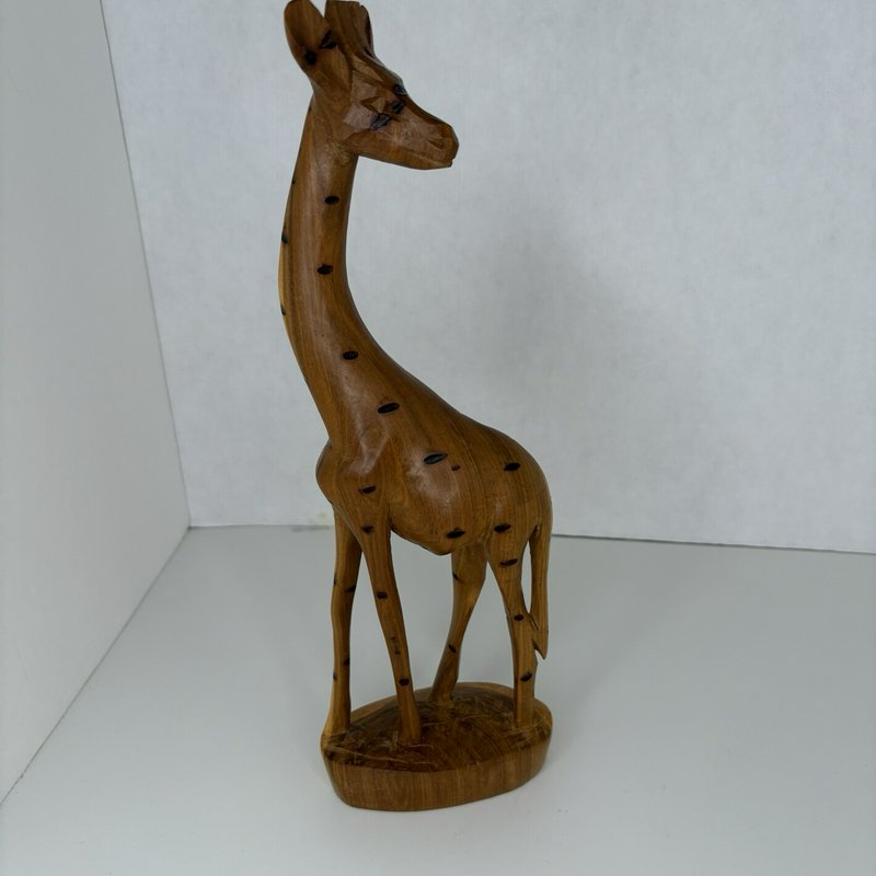 Hand Carved African Giraffe Wood Sculpture 12” Tall Kenya Teak Style Decor