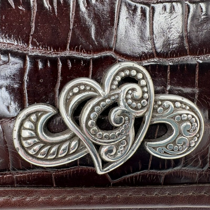 Brighton Oxblood Croc Leather Crossbody Silver Hearts All-Metal Chain Strap