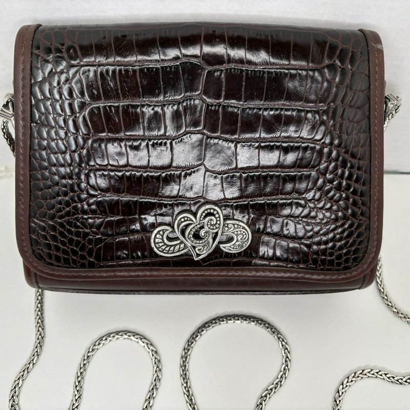 Brighton Oxblood Croc Leather Crossbody Silver Hearts All-Metal Chain Strap