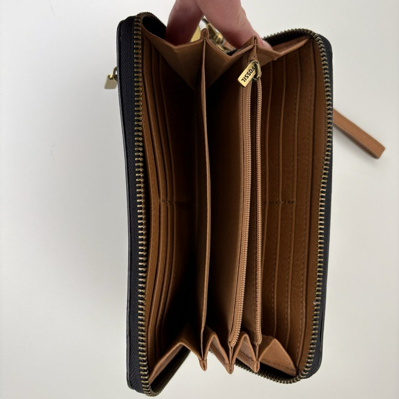 Fossil Emma RFID Zip Wristlet Wallet Black Geometric Dot-Stripe Tan 8x4