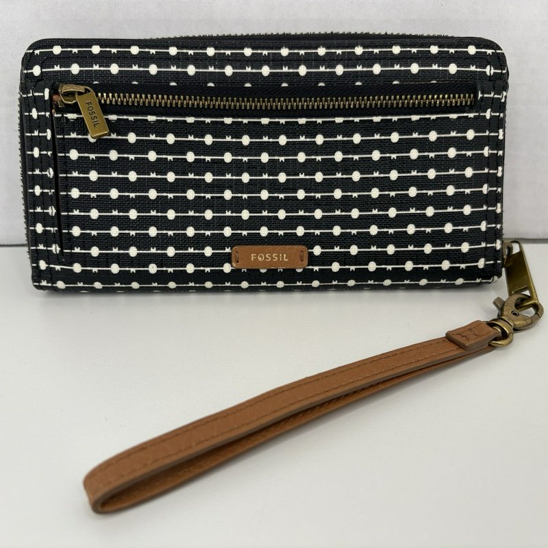 Fossil Emma RFID Zip Wristlet Wallet Black Geometric Dot-Stripe Tan 8x4
