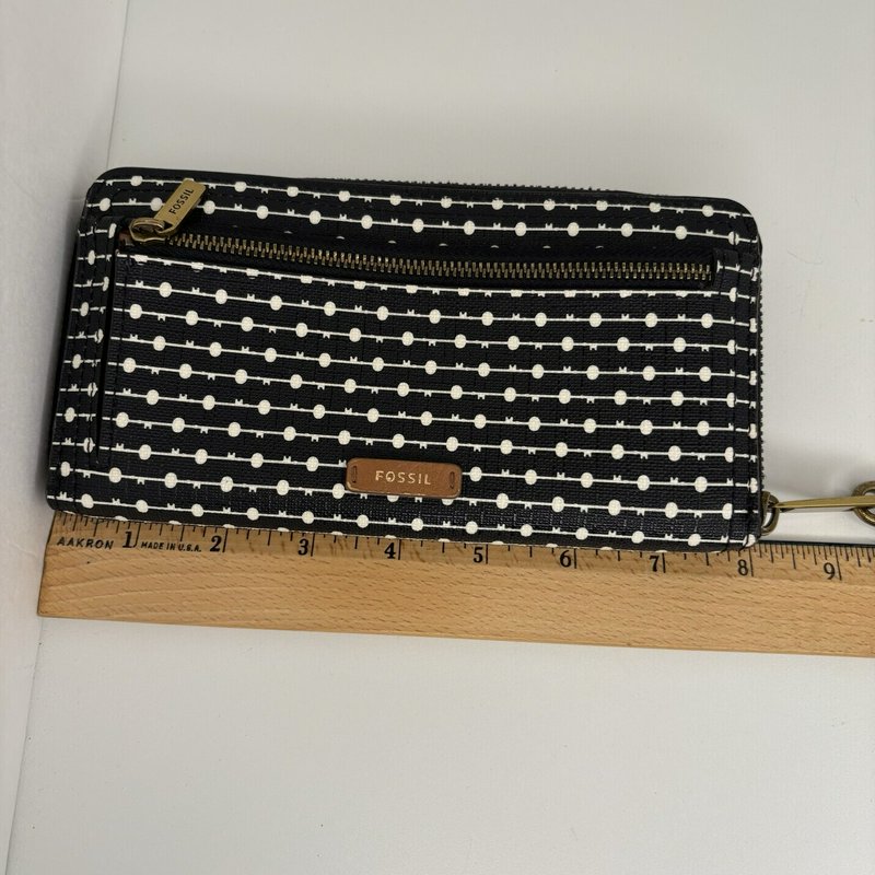 Fossil Emma RFID Zip Wristlet Wallet Black Geometric Dot-Stripe Tan 8x4