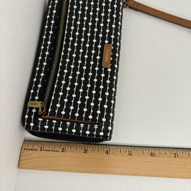 Fossil Emma RFID Zip Wristlet Wallet Black Geometric Dot-Stripe Tan 8x4