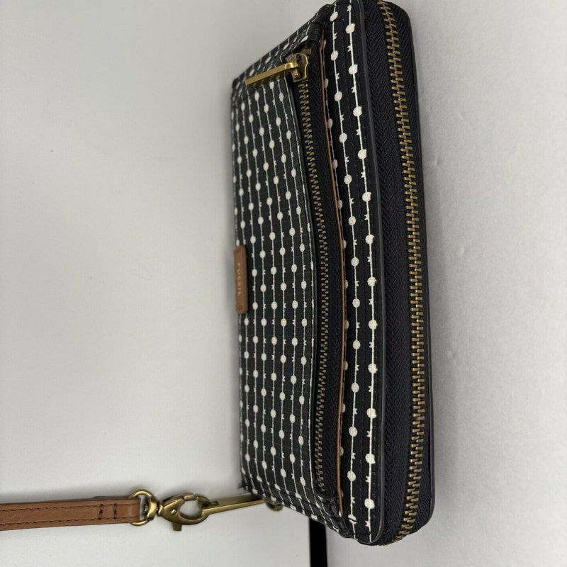 Fossil Emma RFID Zip Wristlet Wallet Black Geometric Dot-Stripe Tan 8x4