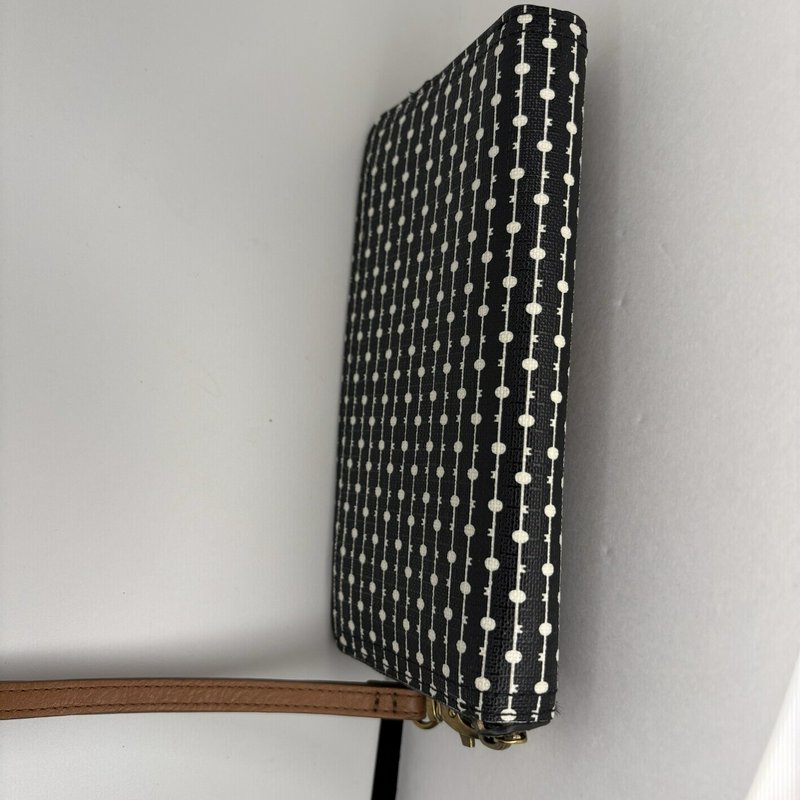 Fossil Emma RFID Zip Wristlet Wallet Black Geometric Dot-Stripe Tan 8x4