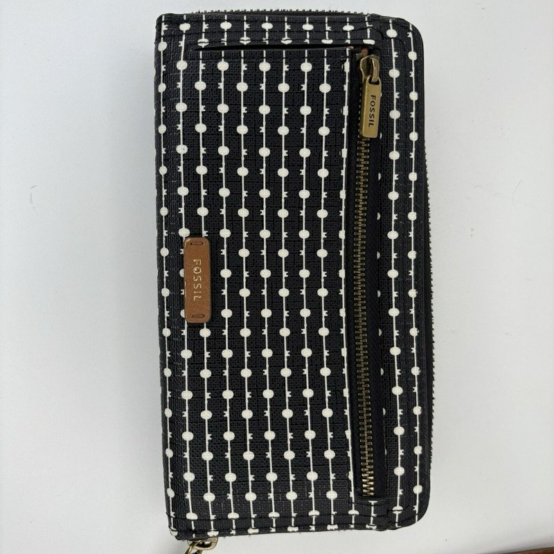 Fossil Emma RFID Zip Wristlet Wallet Black Geometric Dot-Stripe Tan 8x4