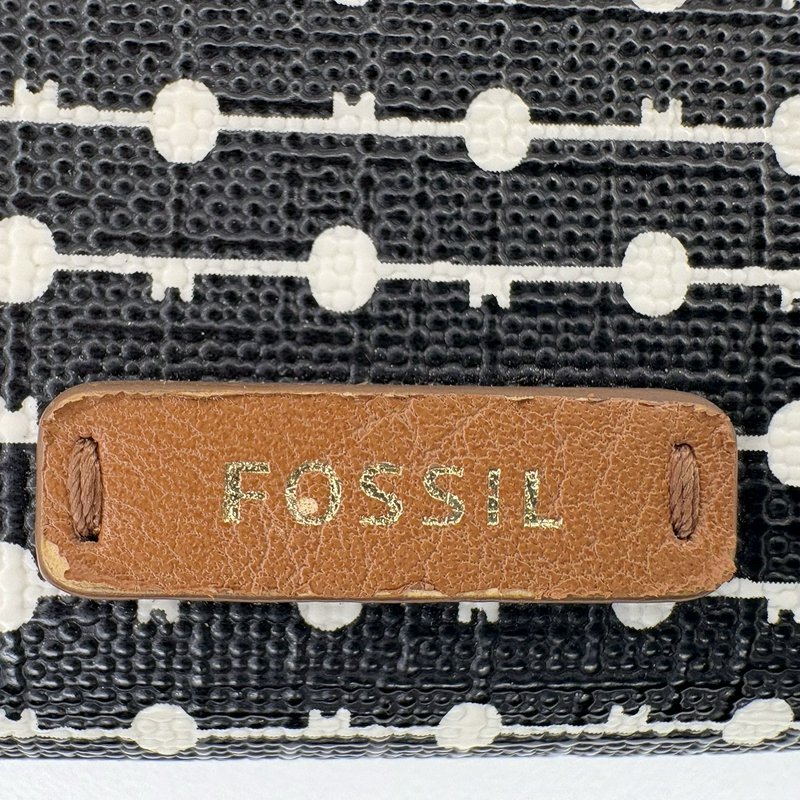 Fossil Emma RFID Zip Wristlet Wallet Black Geometric Dot-Stripe Tan 8x4