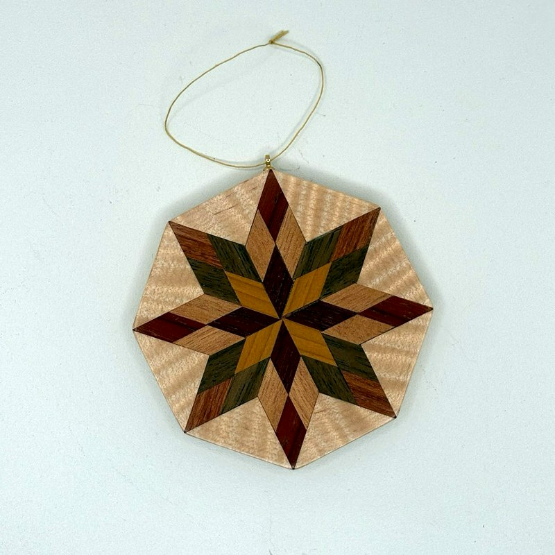 Handmade Wood Inlay Amish Quilt Star Ornament Rustic Folk Art Christmas