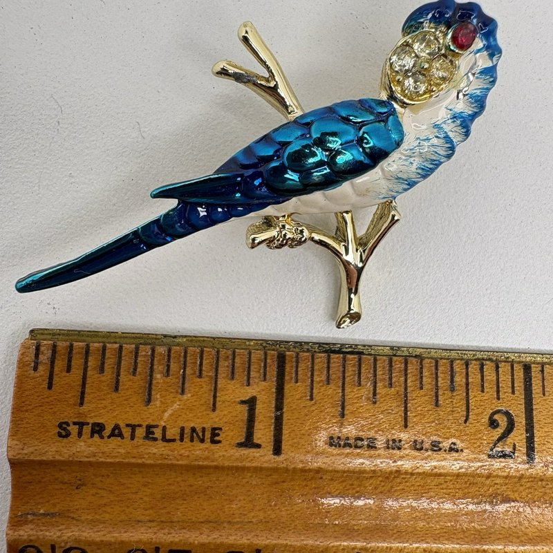 Vintage Enamel Parrot Bird Brooch Pair Rhinestone Eyes Gold Tone Pins