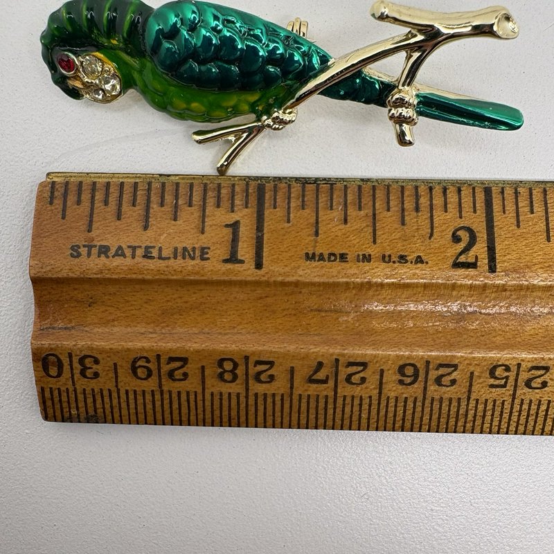 Vintage Enamel Parrot Bird Brooch Pair Rhinestone Eyes Gold Tone Pins
