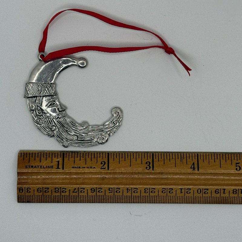 Vintage Pewter Moose & Crescent Moon Santa Ornaments Set Christmas Red Ribbons