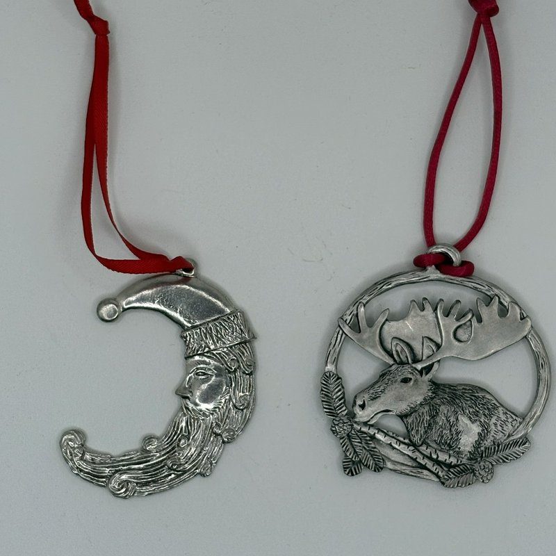 Vintage Pewter Moose & Crescent Moon Santa Ornaments Set Christmas Red Ribbons