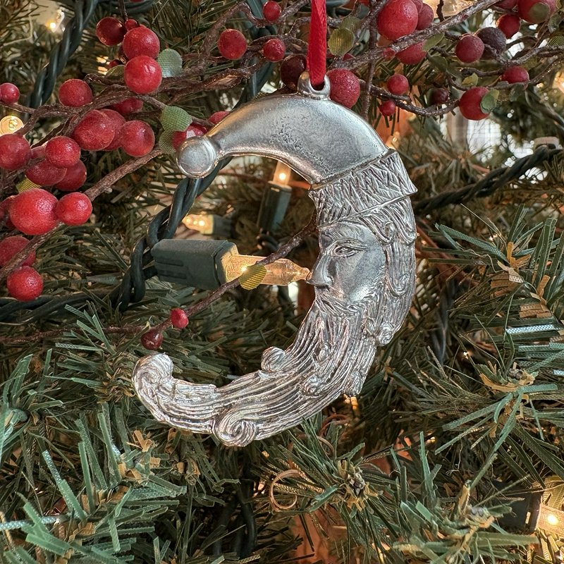 Vintage Pewter Moose & Crescent Moon Santa Ornaments Set Christmas Red Ribbons