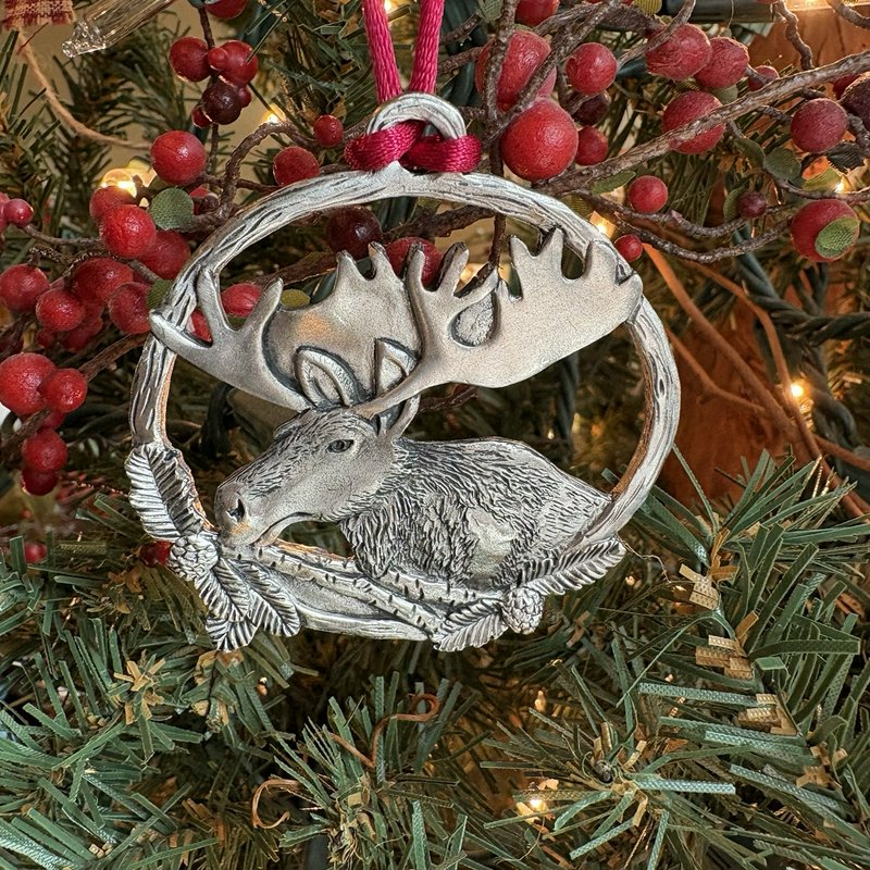 Vintage Pewter Moose & Crescent Moon Santa Ornaments Set Christmas Red Ribbons