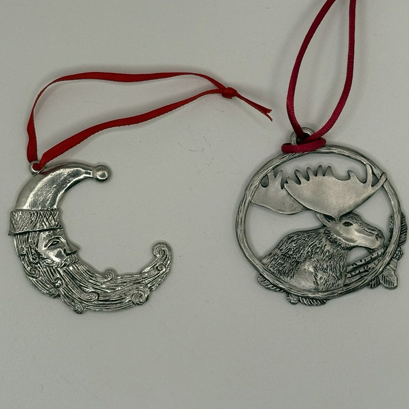 Vintage Pewter Moose & Crescent Moon Santa Ornaments Set Christmas Red Ribbons