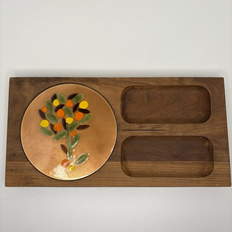 Ernest Sohn MCM Walnut Cheese Tray Copper Enamel Tree Inlay 1960s Signed