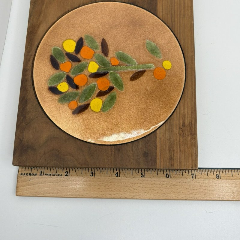 Ernest Sohn MCM Walnut Cheese Tray Copper Enamel Tree Inlay 1960s Signed