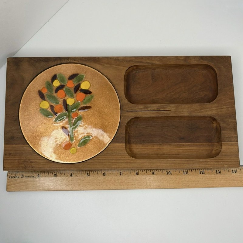 Ernest Sohn MCM Walnut Cheese Tray Copper Enamel Tree Inlay 1960s Signed