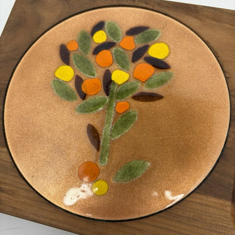 Ernest Sohn MCM Walnut Cheese Tray Copper Enamel Tree Inlay 1960s Signed