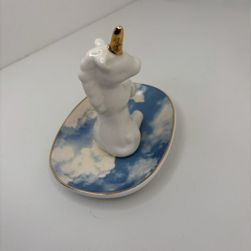 White Ceramic Unicorn Ring Holder Dish Gold Horn Sky Cloud Base Jewelry Tray