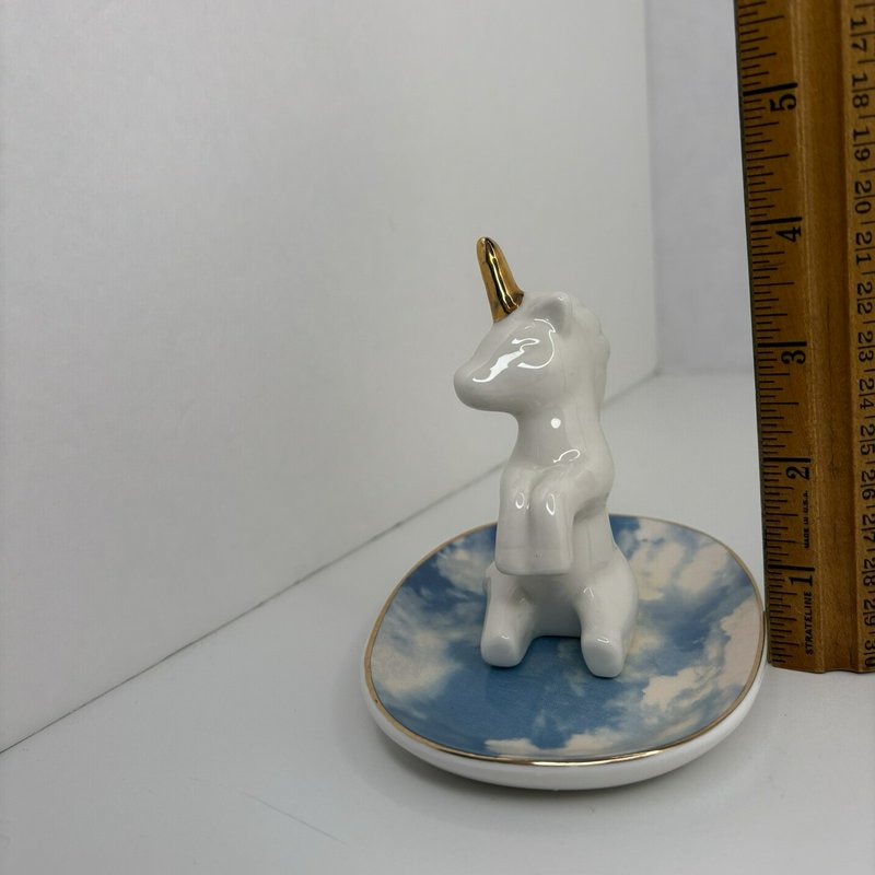 White Ceramic Unicorn Ring Holder Dish Gold Horn Sky Cloud Base Jewelry Tray