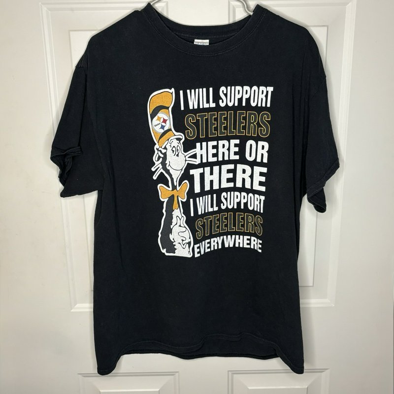 Pittsburgh Steelers Cat in the Hat Dr Seuss Parody T-Shirt Black Large NFL