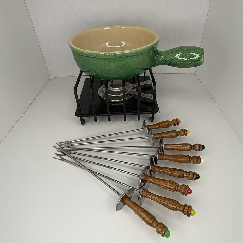 Vintage Landert Green Fondue Set w/ Burner Stand & 8 Forks Switzerland Style