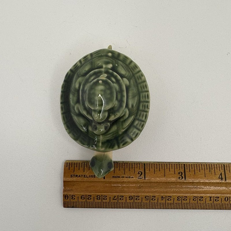 Vintage Green Glazed Ceramic Turtle w/ Baby Turtle on Shell & Dangling Legs
