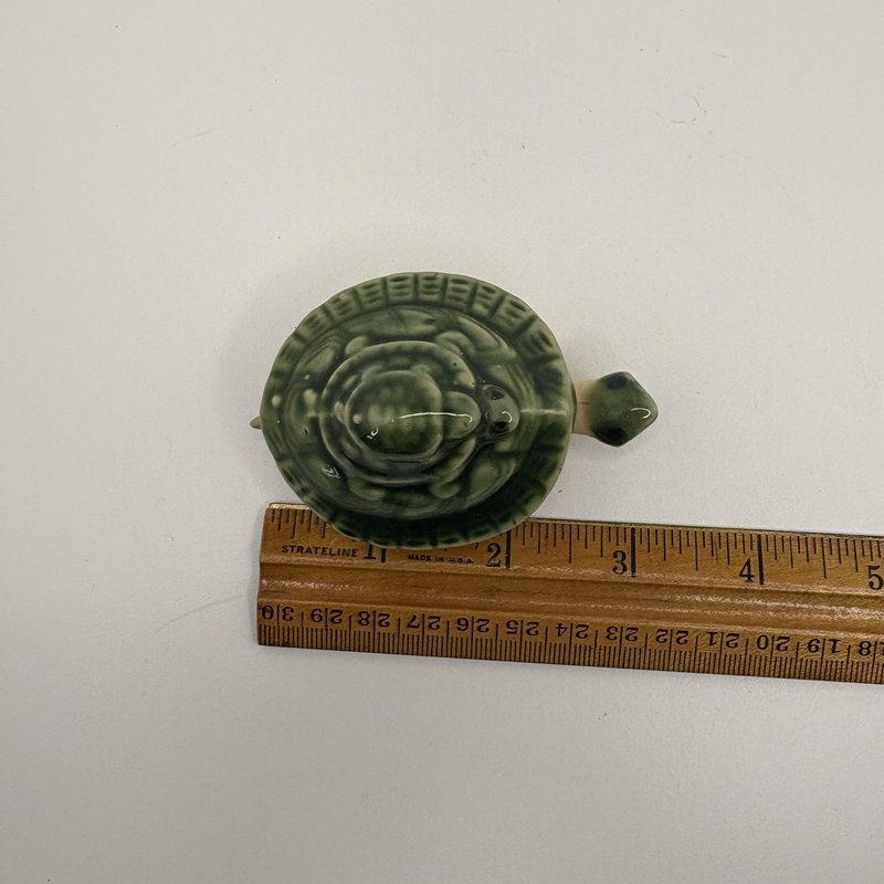 Vintage Green Glazed Ceramic Turtle w/ Baby Turtle on Shell & Dangling Legs