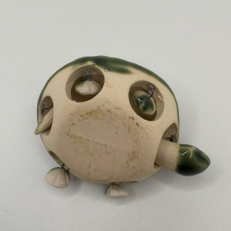 Vintage Green Glazed Ceramic Turtle w/ Baby Turtle on Shell & Dangling Legs