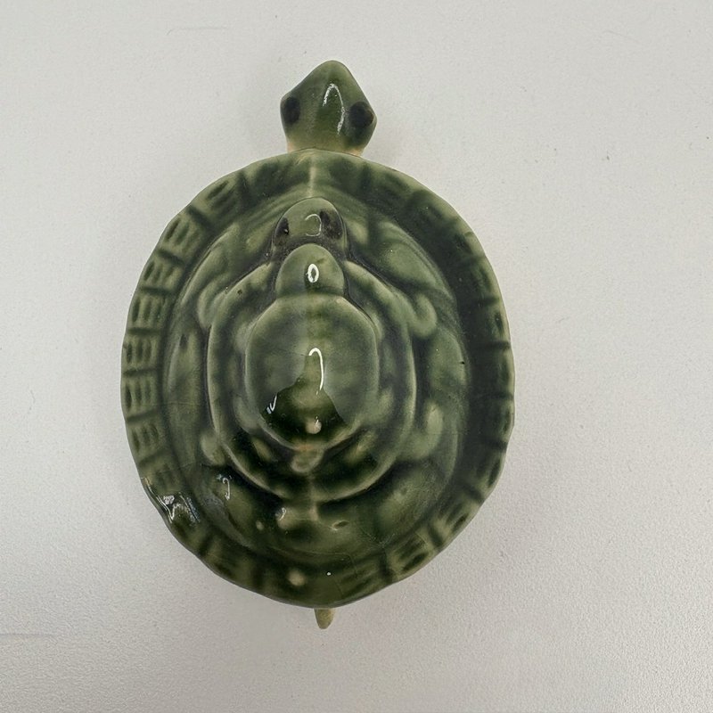 Vintage Green Glazed Ceramic Turtle w/ Baby Turtle on Shell & Dangling Legs