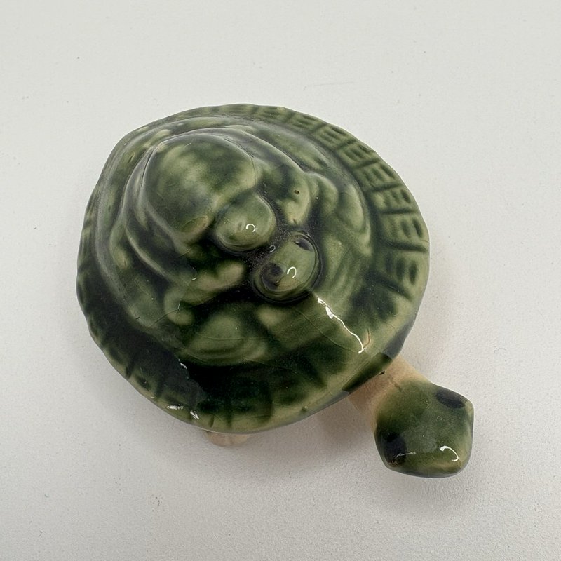 Vintage Green Glazed Ceramic Turtle w/ Baby Turtle on Shell & Dangling Legs