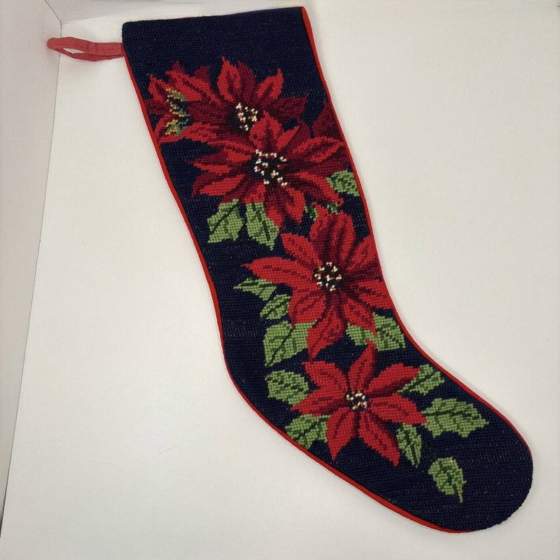 Wool Needlepoint Christmas Stocking Red Poinsettia Velvet Back 20”