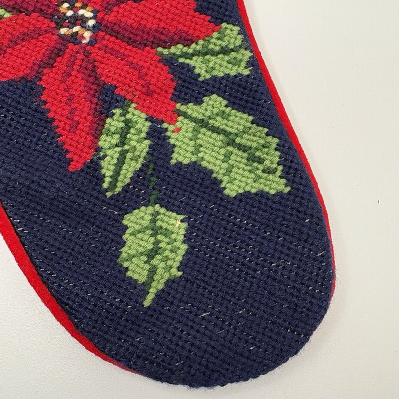 Wool Needlepoint Christmas Stocking Red Poinsettia Velvet Back 20”