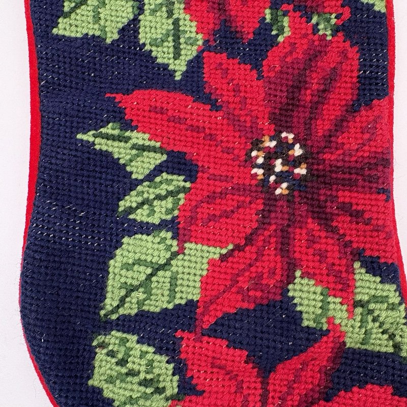 Wool Needlepoint Christmas Stocking Red Poinsettia Velvet Back 20”