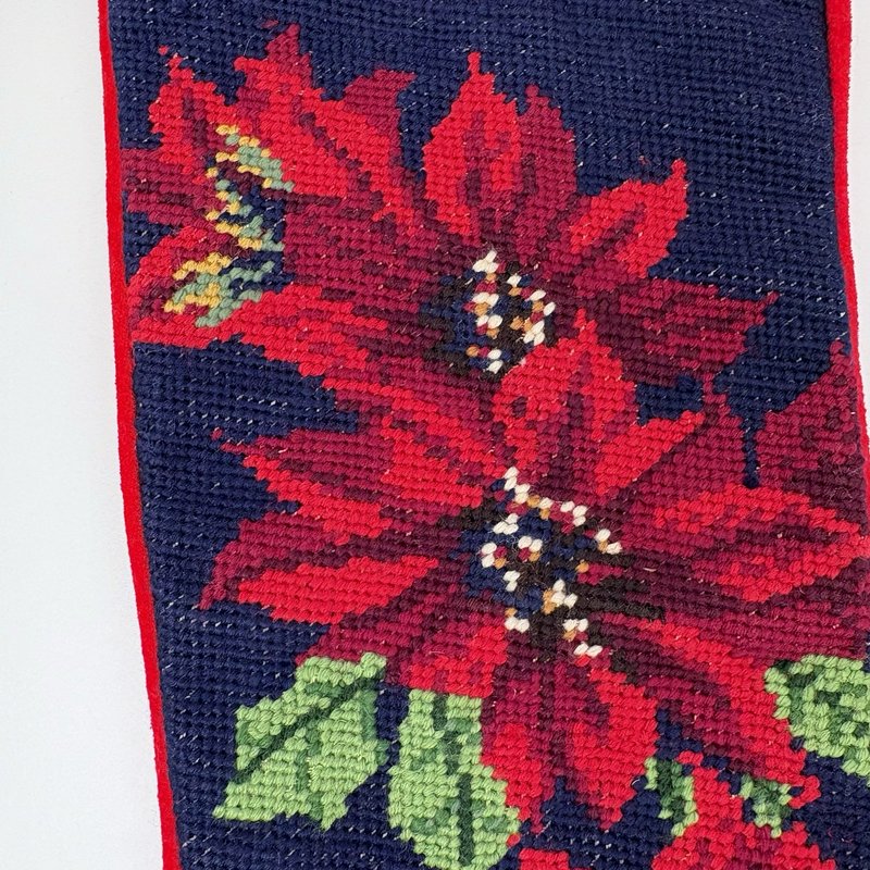 Wool Needlepoint Christmas Stocking Red Poinsettia Velvet Back 20”