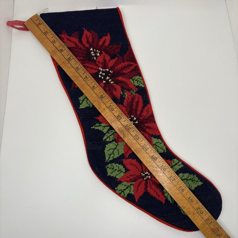 Wool Needlepoint Christmas Stocking Red Poinsettia Velvet Back 20”
