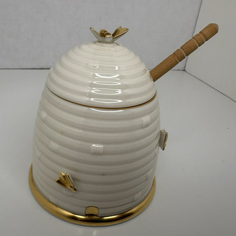 Lenox Beehive Honey Pot Jar w/ 24K Gold Bees Ivory Porcelain USA + Dipper