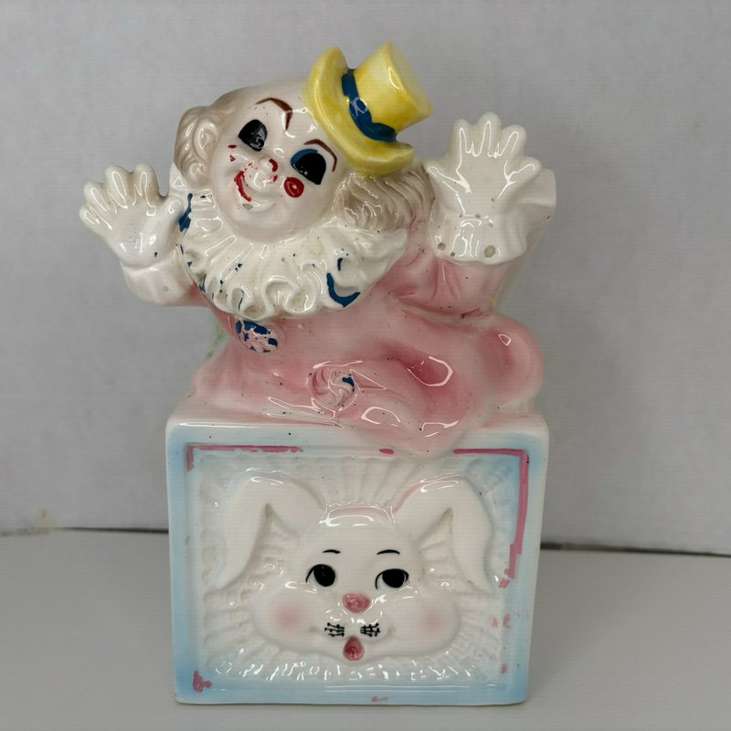 Lefton 1975 Clown Baby Planter Ceramic Bunny Block Pastel Nursery Decor Japan