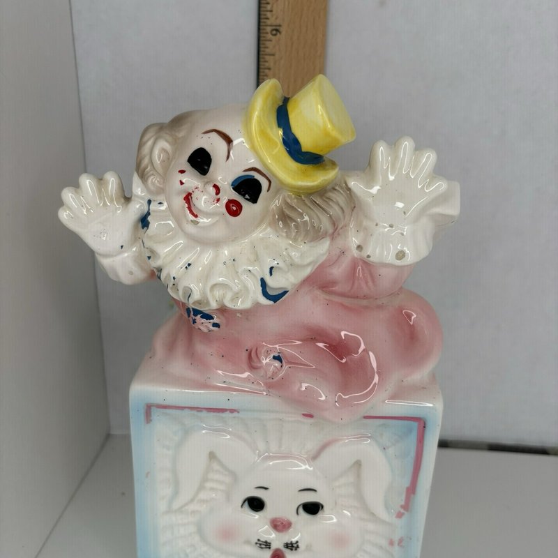 Lefton 1975 Clown Baby Planter Ceramic Bunny Block Pastel Nursery Decor Japan