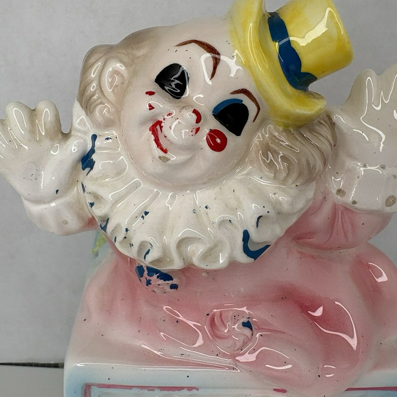 Lefton 1975 Clown Baby Planter Ceramic Bunny Block Pastel Nursery Decor Japan