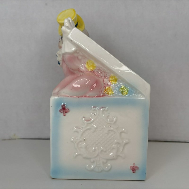 Lefton 1975 Clown Baby Planter Ceramic Bunny Block Pastel Nursery Decor Japan