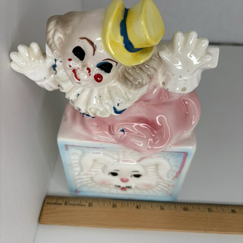 Lefton 1975 Clown Baby Planter Ceramic Bunny Block Pastel Nursery Decor Japan
