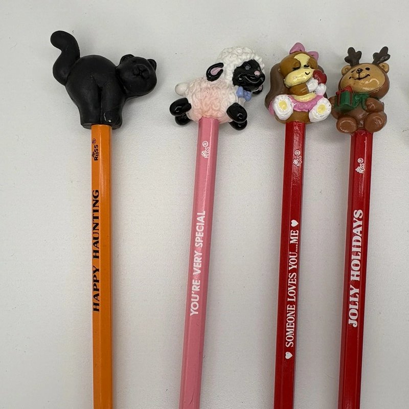 Russ Lot of 10 Vintage Pencil Toppers Holiday Animals Cat Dog Ghost Pumpkin