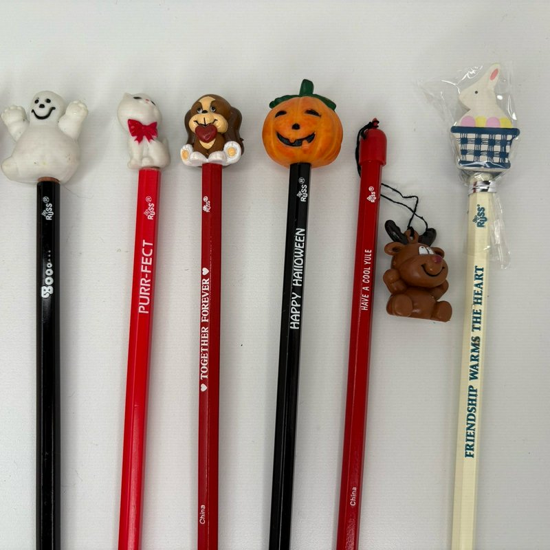 Russ Lot of 10 Vintage Pencil Toppers Holiday Animals Cat Dog Ghost Pumpkin