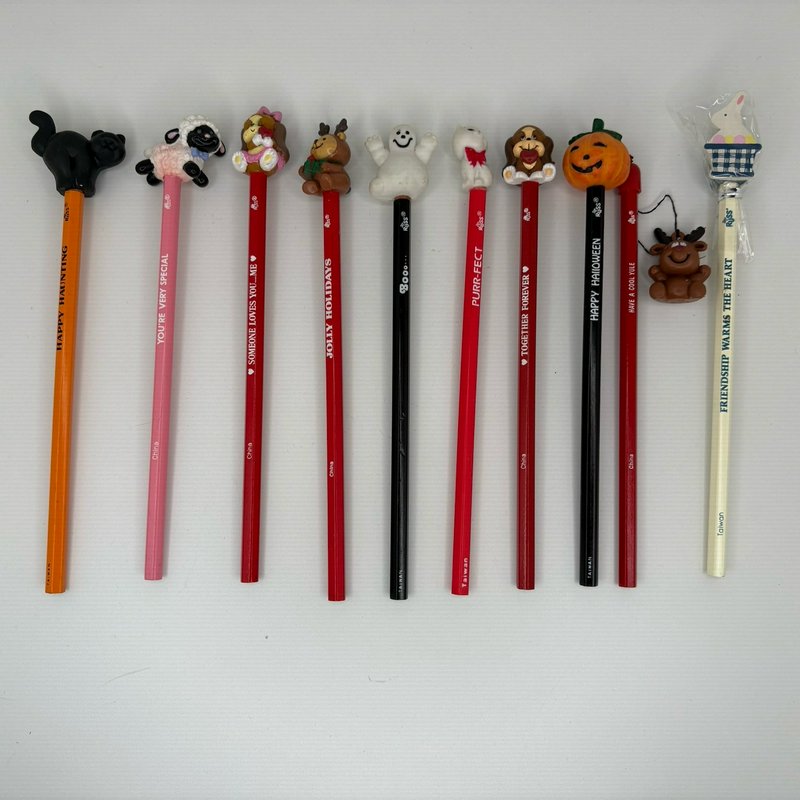Russ Lot of 10 Vintage Pencil Toppers Holiday Animals Cat Dog Ghost Pumpkin