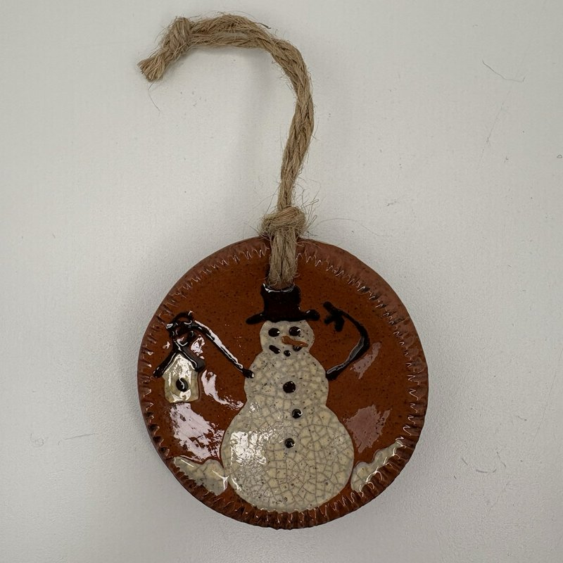 Handmade Turtlecreek Pottery Snowman Ornament Morrow Ohio Folk Art Glazed