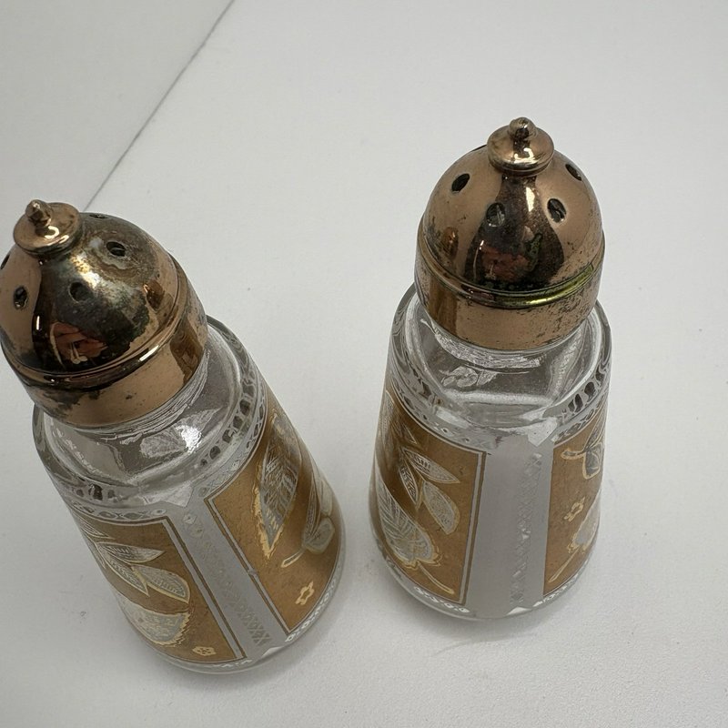 Vintage Cera Gold Leaf Salt & Pepper Shakers Pair Mid Century Glass Retro