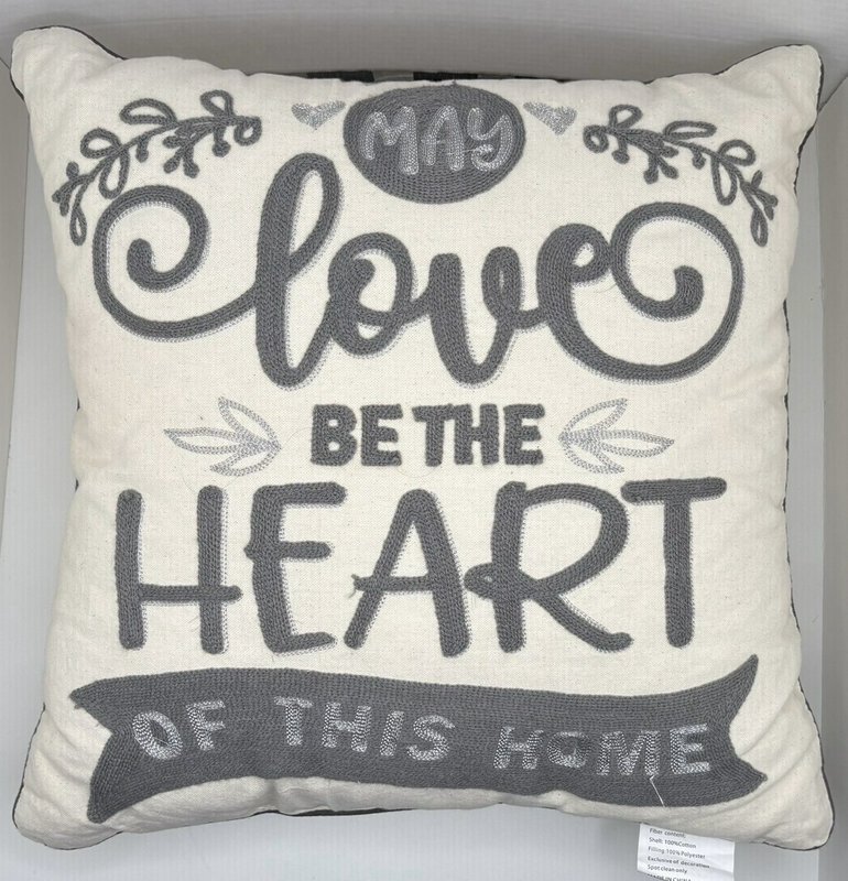 "May Love Be the Heart of This Home" Pillow 17” Gray Embroidered Cotton Decor