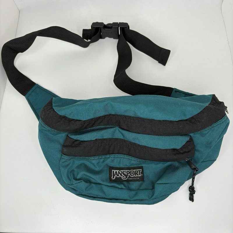 Vintage JanSport USA Teal Black Lumbar Fanny Pack Waist Bag JS Zippers 90s
